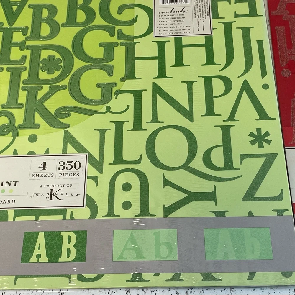 Fresh Paint Chipboard Letters Set Emerald & Scarlet Glitter 4 Sheets 350 Pcs New